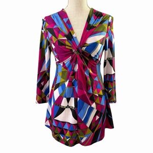 Boston Proper Women Geometric Print Twist Front Tunic Top Long Sleeve V Neck XS